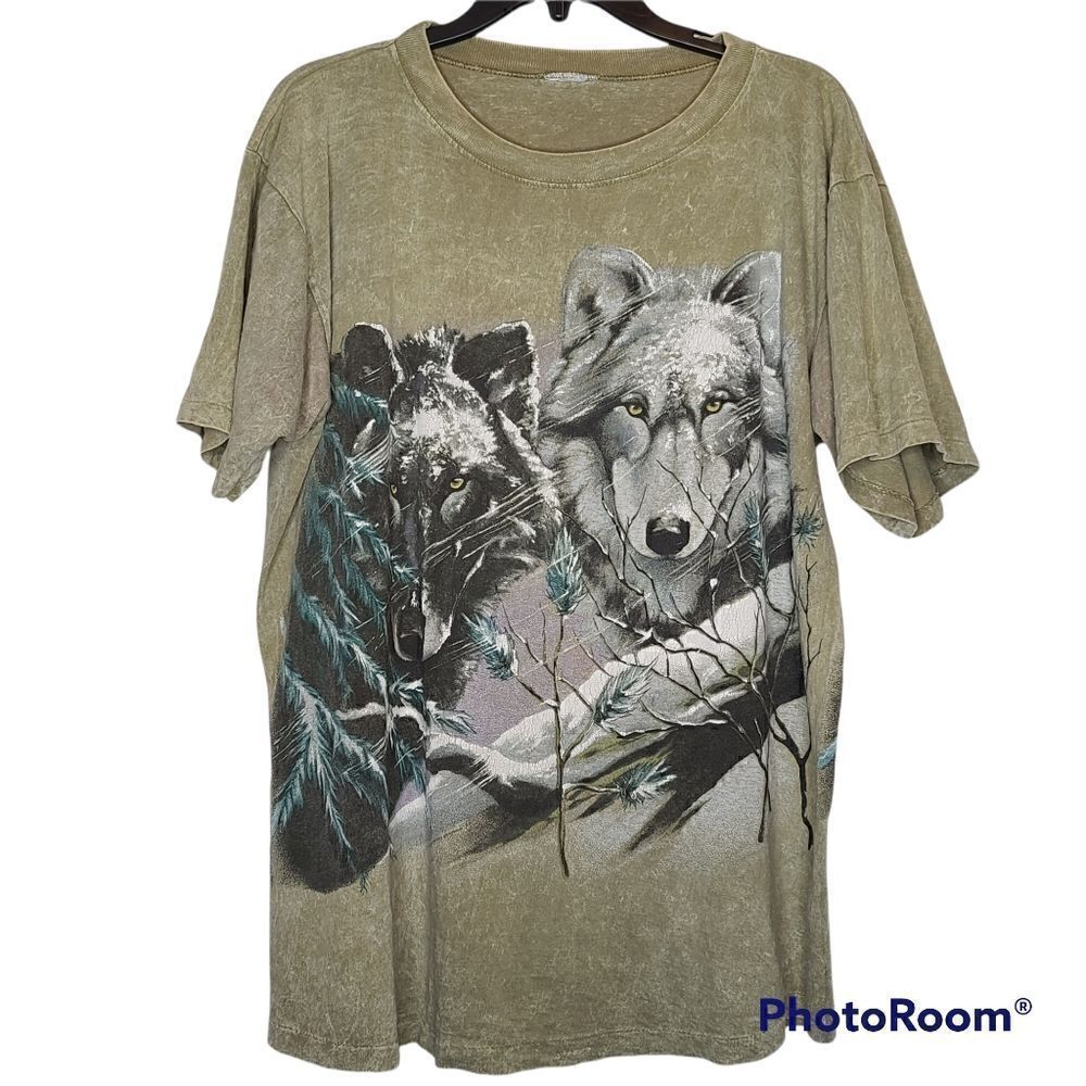 Vtg Mens Green 90s Wolves Double Sided Tee Single Stich Mineral Wash Wilderness